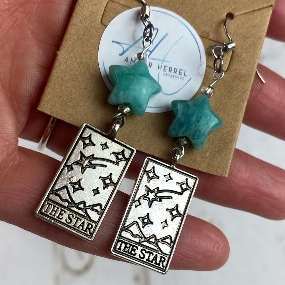 Amazonite Crystal Star Earrings with Tarot ‘The Star’ silver Charms